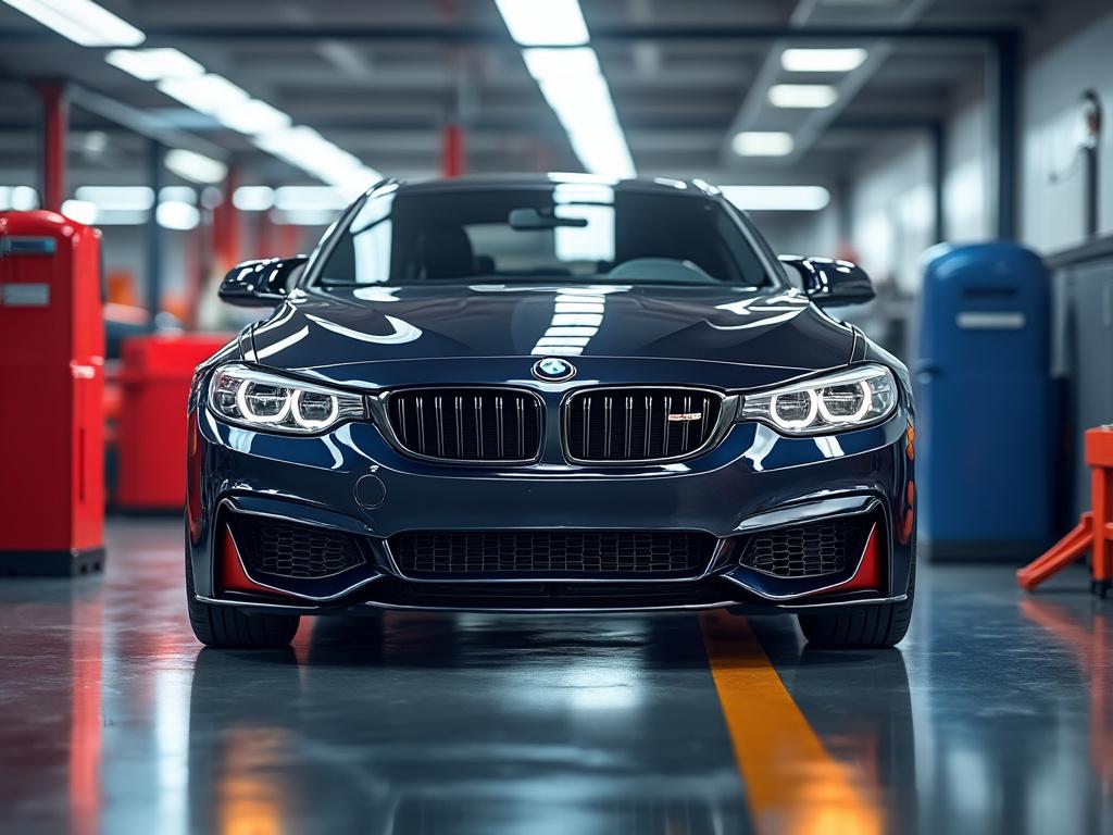 Coche BMW azul oscuro en un taller de automóviles con luces brillantes.