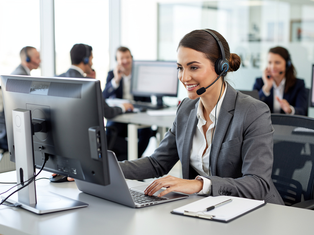 Agente de atención al cliente con auriculares trabajando en computadora en oficina moderna