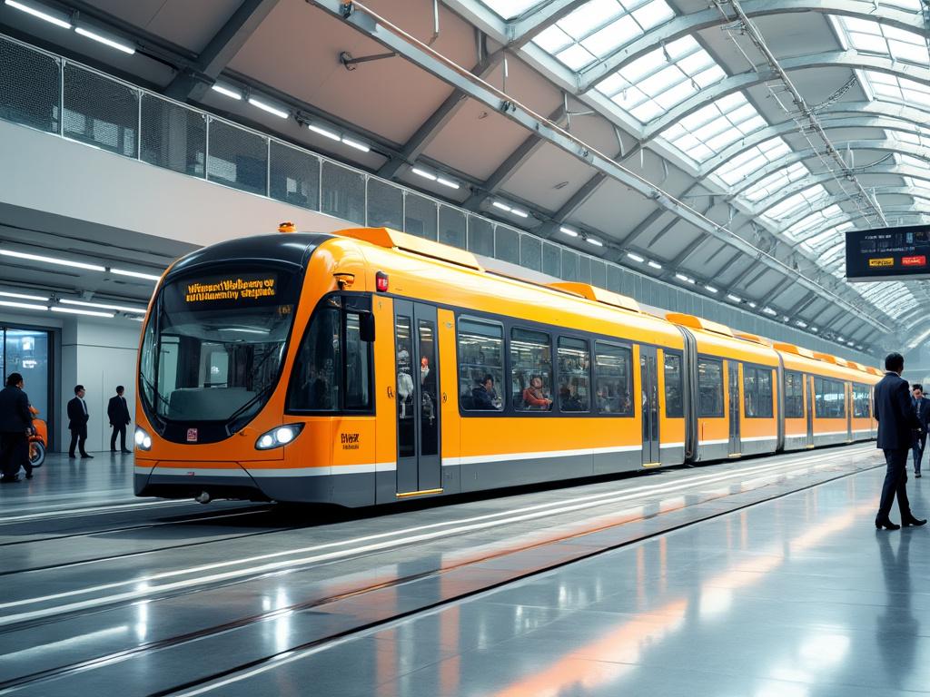 Tren moderno amarillo en estación cubierta con personas caminando.