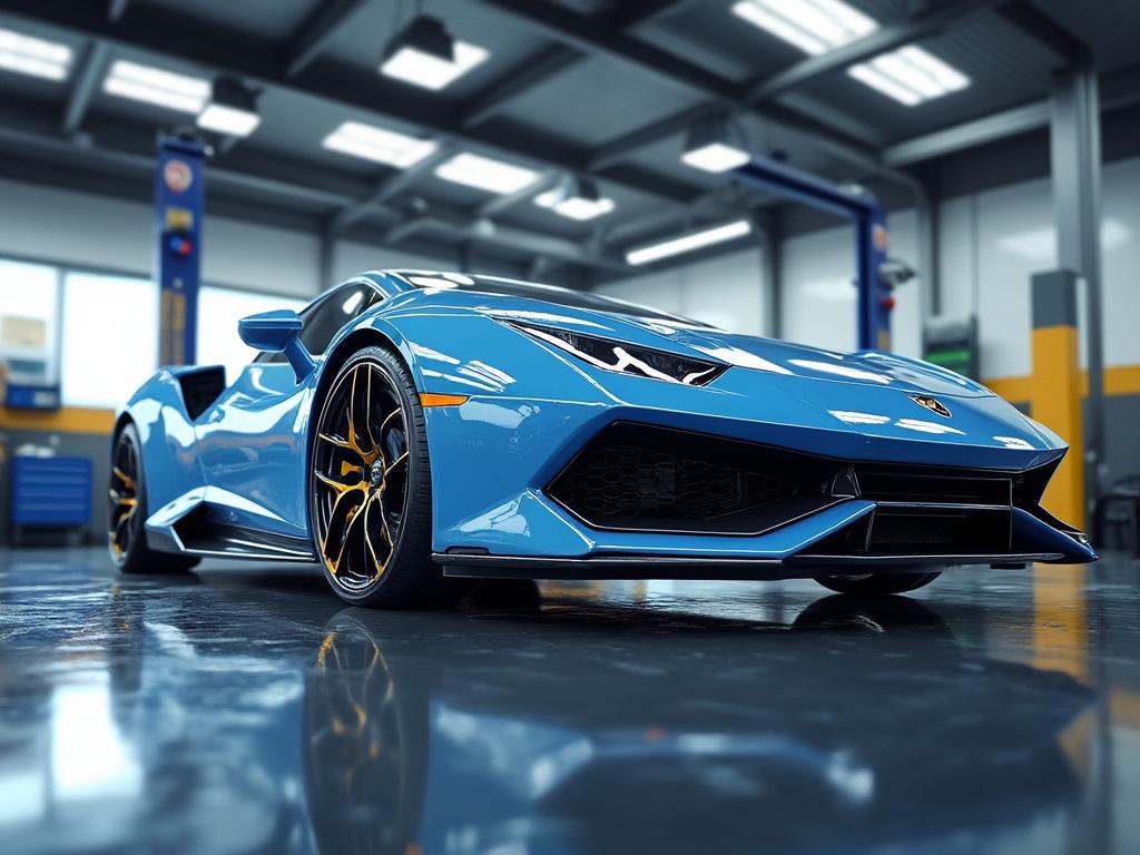 Deportivo azul brillante en un taller mecánico, reflejándose en el suelo pulido.