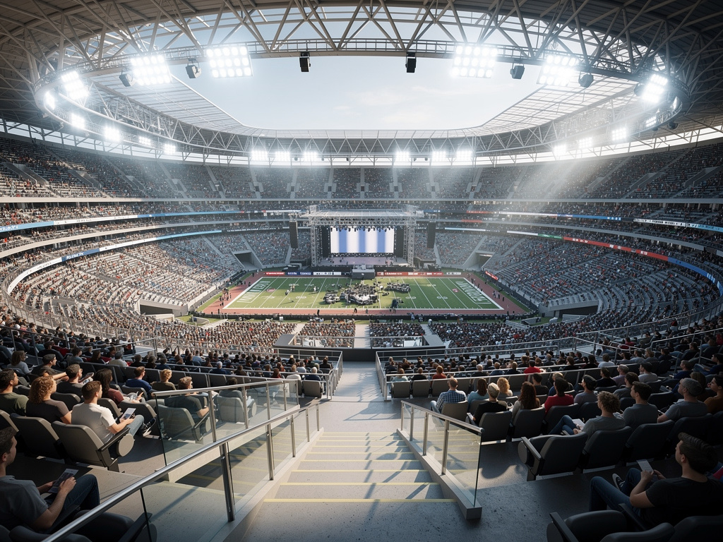 Estadio moderno lleno de espectadores con luces brillantes, escenario central y campo deportivo visto desde las gradas