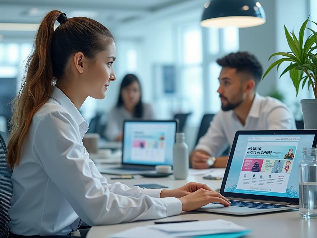 Personas trabajando en oficina moderna con laptops en la mesa, enfoques en pantalla de computadora.