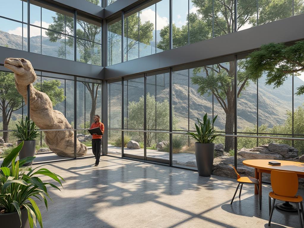 Modern office interior with large windows, showcasing a scenic mountain view and greenery, featuring a dinosaur sculpture and a person holding a tablet.