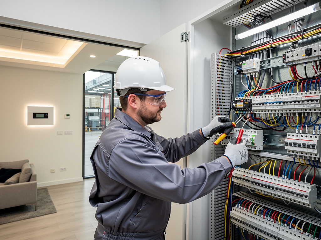 Electricista con casco y gafas de seguridad revisando un cuadro eléctrico industrial con cables de colores en una oficina moderna
