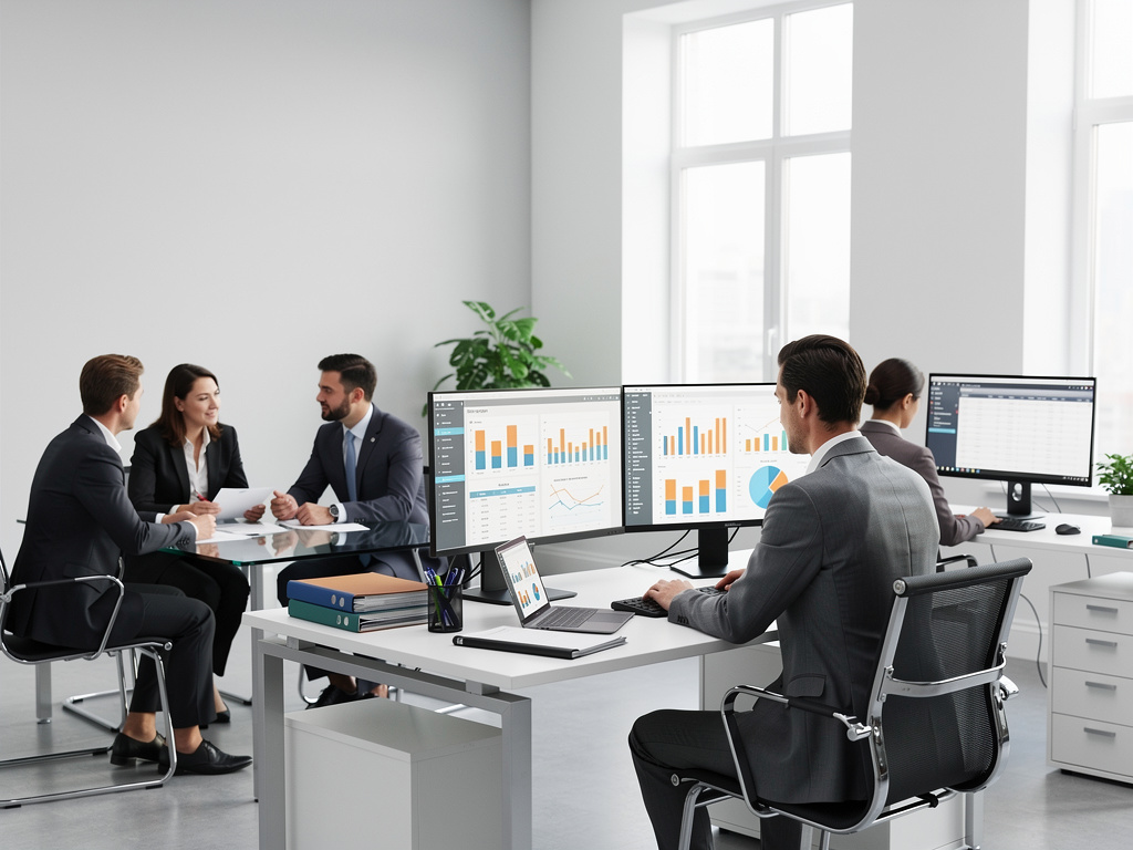 Equipo de negocios analizando gráficos financieros en monitores durante reunión en oficina moderna Equipo de negocios analizando gráficos financieros en monitores durante reunión en oficina moderna