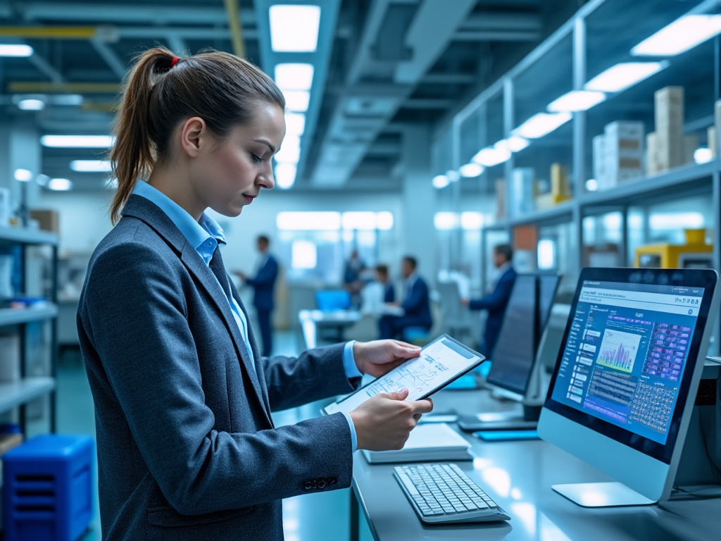 Mujer profesional revisando documentos en una oficina moderna con computadoras y empleados al fondo.