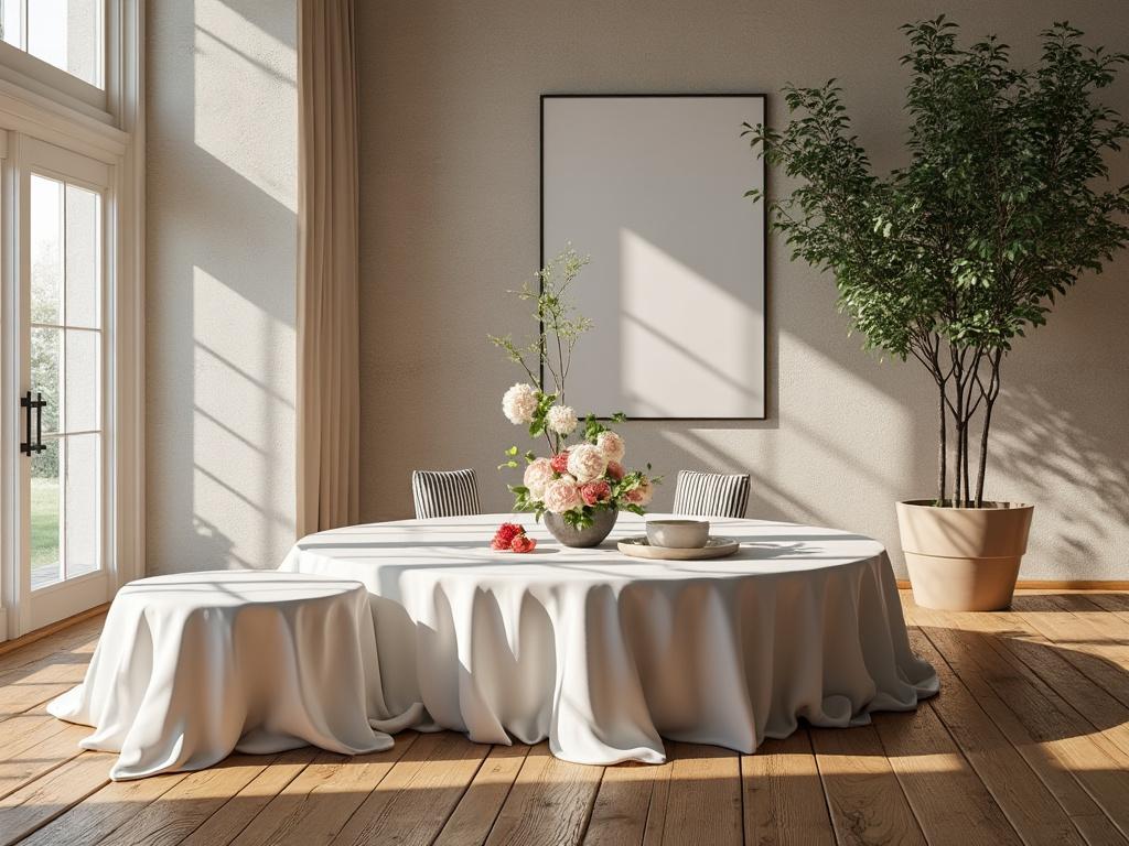 Elegant dining room with round table draped in white cloth, floral centerpiece, and potted plant by large windows. Elegant dining room with round table draped in white cloth, floral centerpiece, and potted plant by large windows.