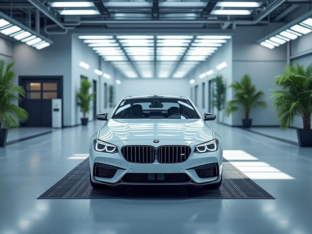 Coche de lujo blanco en un moderno garaje con plantas.