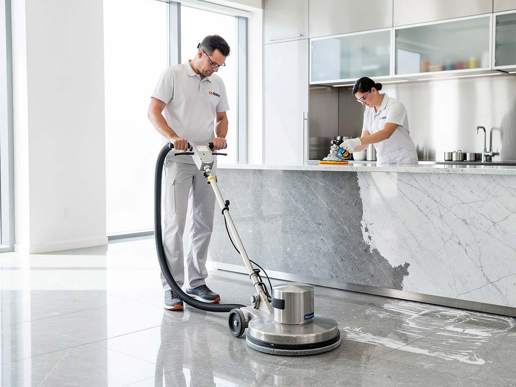 Personal de limpieza profesional puliendo suelo de mármol y limpiando encimera en cocina moderna