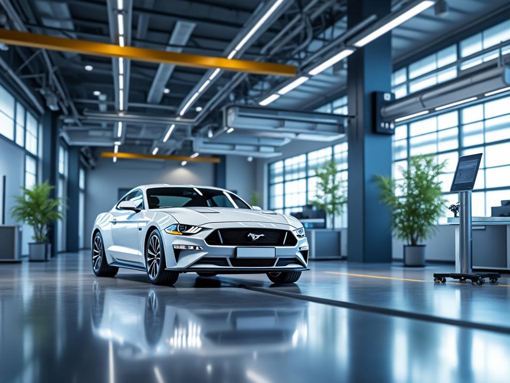 Coche deportivo blanco en un garaje moderno con techo alto, luces LED y plantas en el fondo.