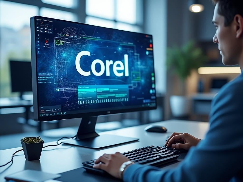 Persona trabajando en ordenador con pantalla mostrando software de diseño gráfico Corel, en oficina moderna con planta en escritorio.