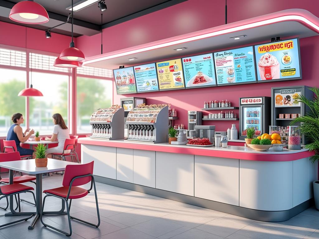 Interior de una heladería moderna con mostrador rosa, carteles de menú iluminados, postres, y frutas frescas; clientes sentados en el área de mesas.