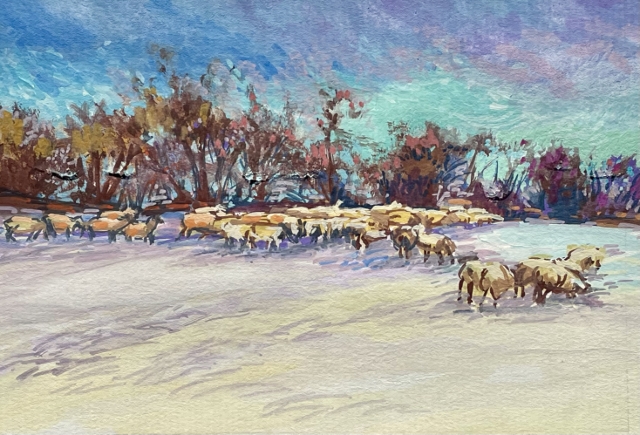 Fink, Sheep on a Winter Morning, 5" x 7" Gouache