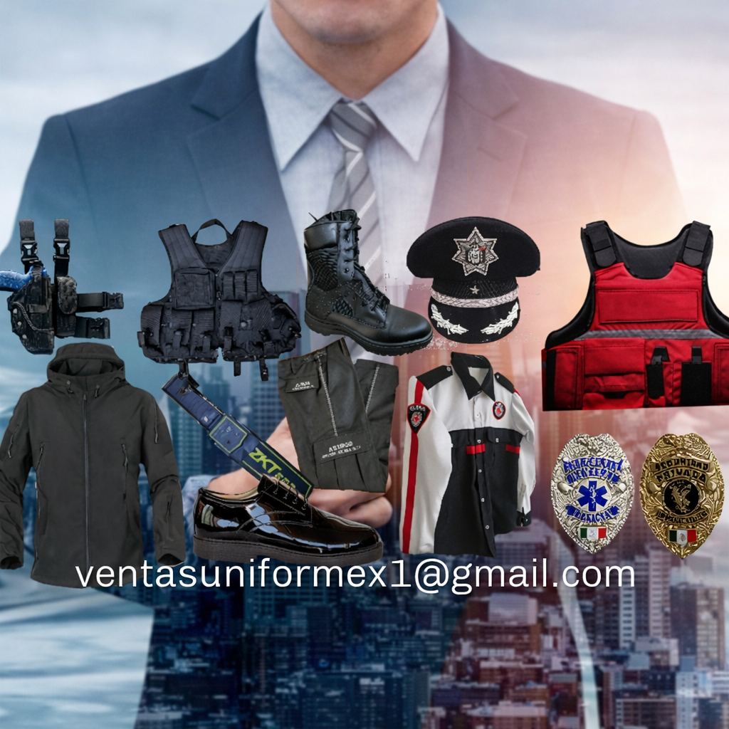 Uniformex Security promotional banner featuring tactical uniforms, police gear, bulletproof vests, boots, badges, and contact information