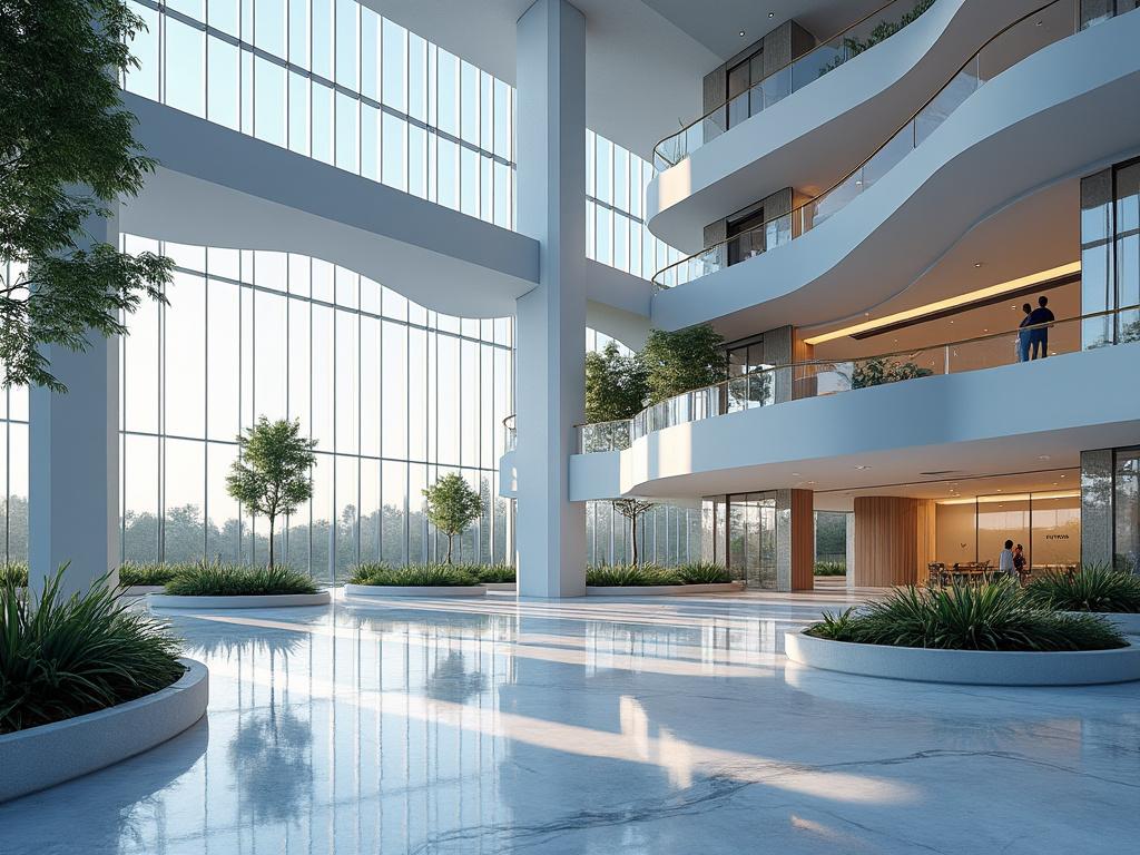 Interior moderno de un edificio con grandes ventanales, plantas decorativas y pisos de mármol.