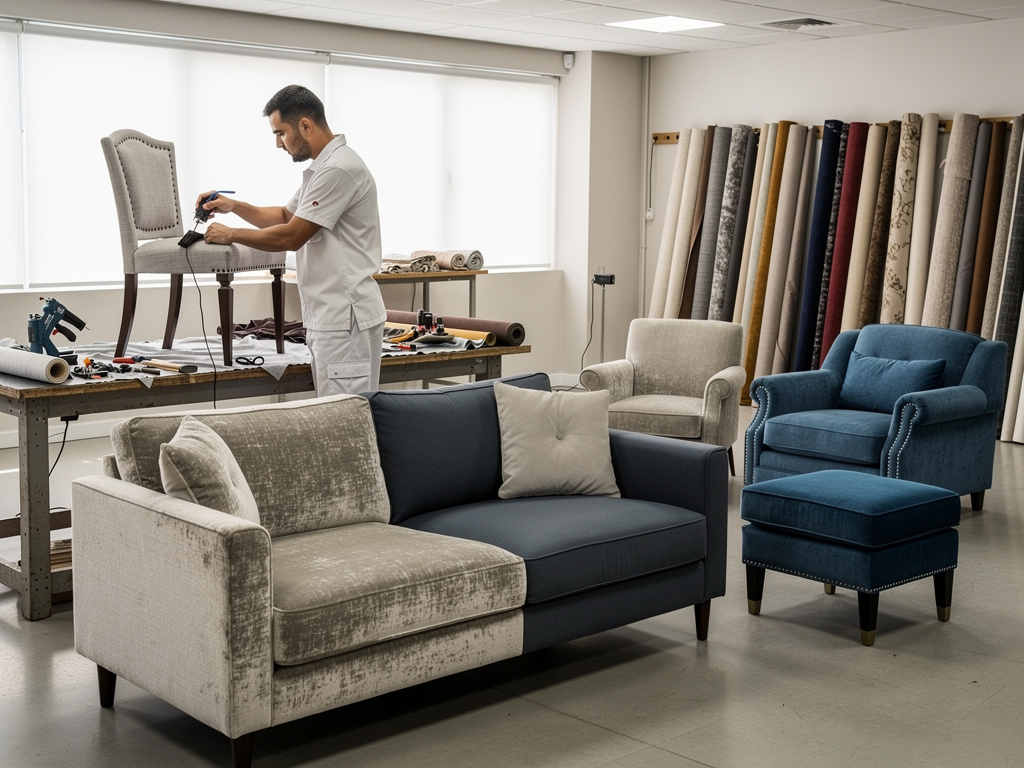 Taller de tapicería con artesano restaurando silla, sofás, sillones y rollos de tela para muebles personalizados