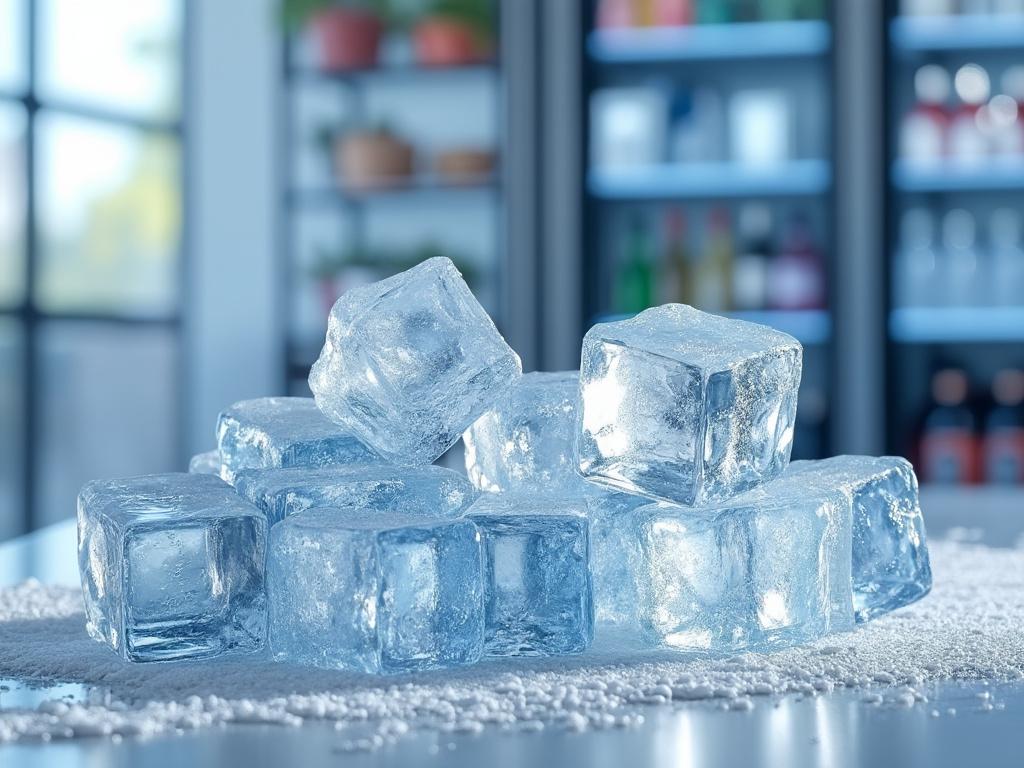 Cubos de hielo apilados sobre una superficie cubierta de escarcha con fondo desenfocado.