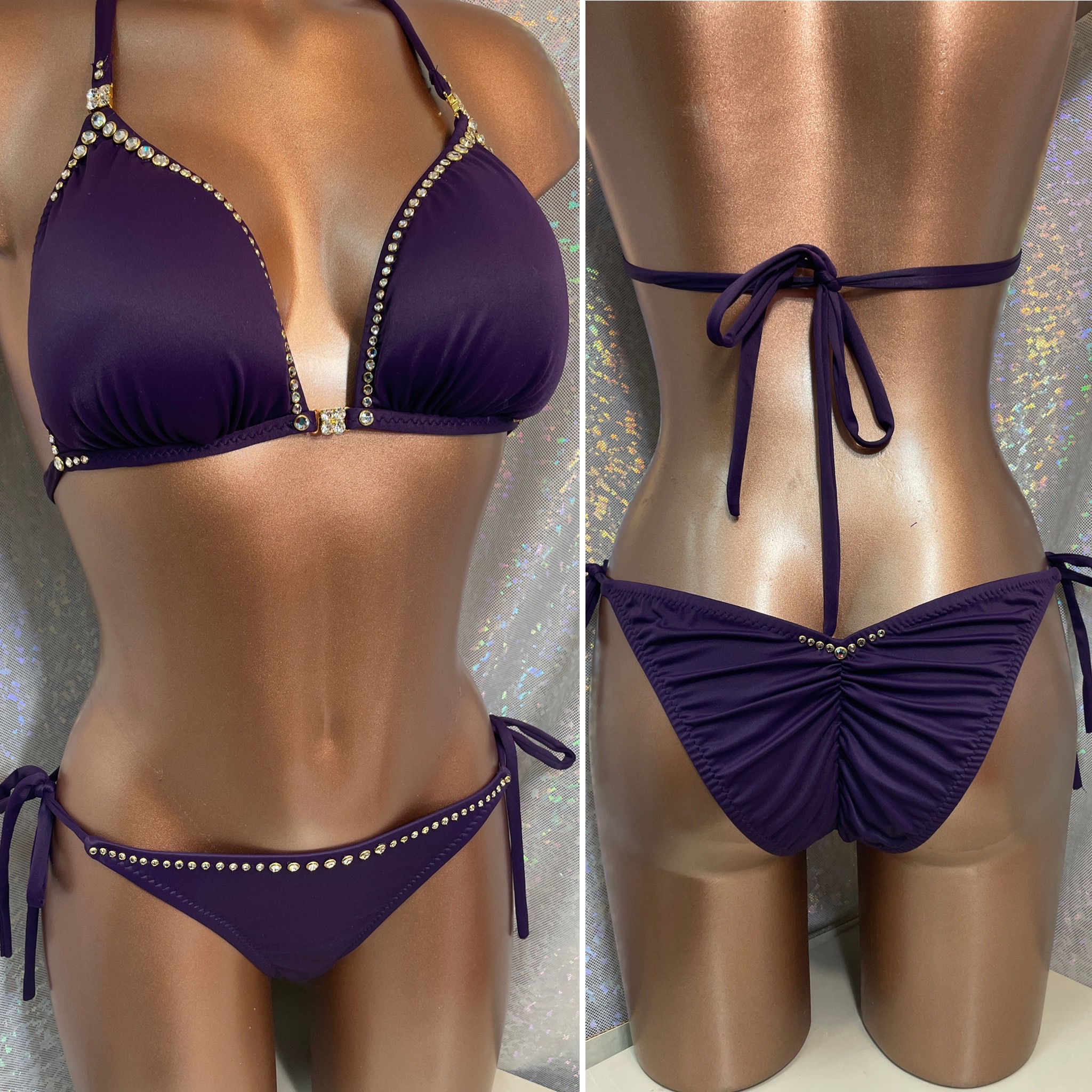 2.
D banded top
tall tie side scrunch back
eggplant purple with crystal/gold rimmed rhinestone accents
$165    ( can order in any color)