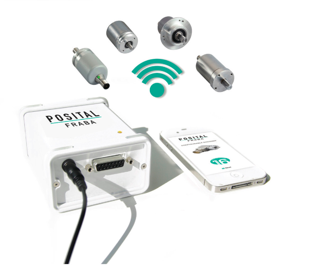 Posital Fraba sensor technology with various components, wireless connectivity symbol, and smartphone integration.