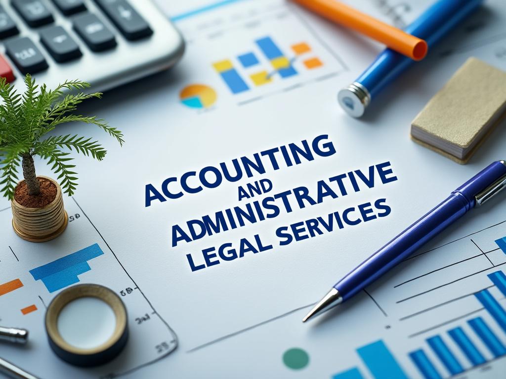 Documentos de servicios contables y administrativos legales con calculadora, gráficos y plantas decorativas de oficina.
