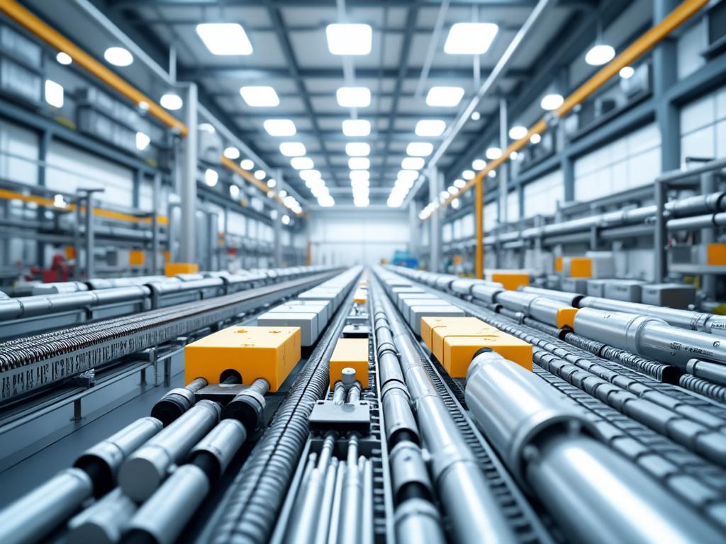 Interior de una fábrica moderna con cintas transportadoras y maquinaria industrial.