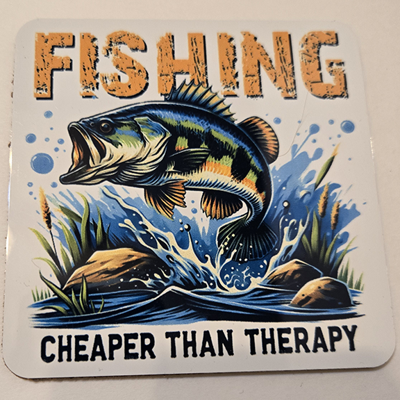 Square metal coaster with a fishing cheaper than therapy design