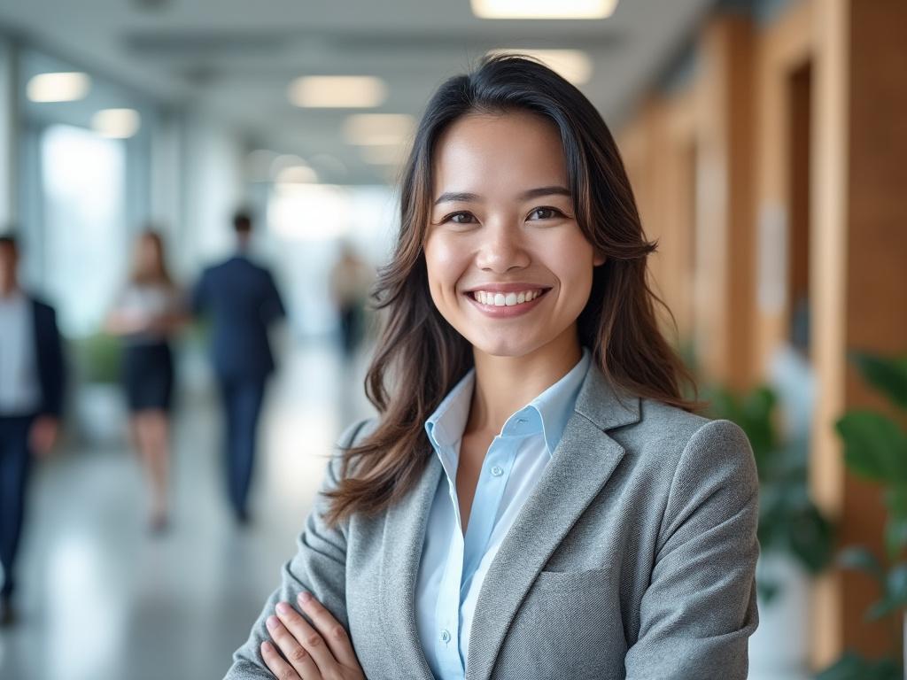 Confident businesswoman smiling in a modern office hallway with coworkers in the background.