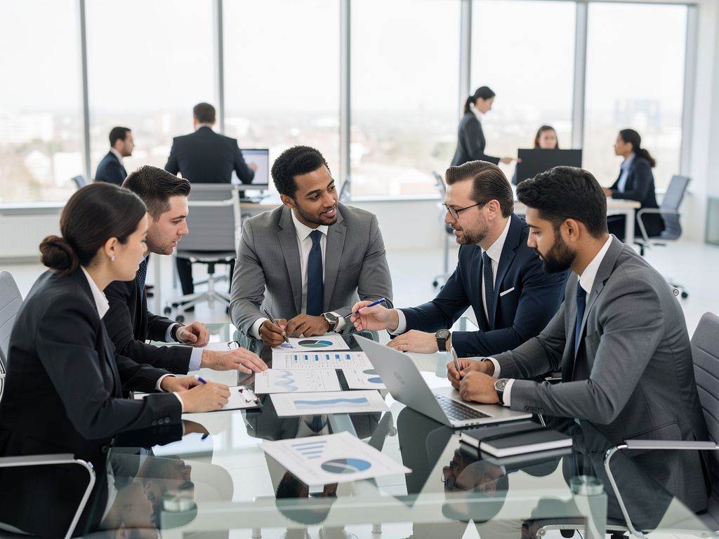 Equipo de profesionales en reunión de negocios analizando gráficos financieros en una oficina moderna Equipo de profesionales en reunión de negocios analizando gráficos financieros en una oficina moderna
