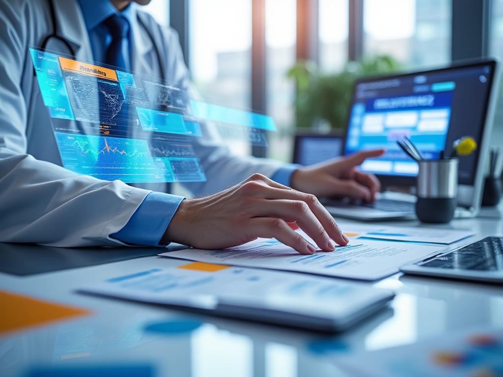 Médico trabajando en informes digitales con gráficos en una oficina moderna iluminada.