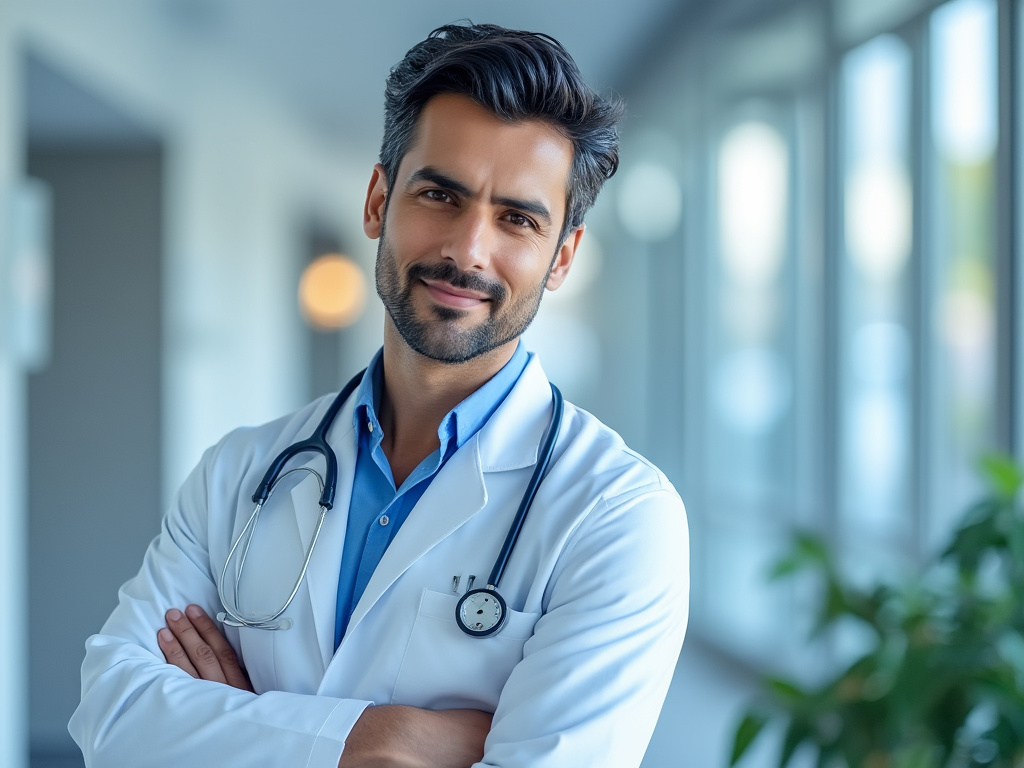 Médico joven con bata blanca y estetoscopio, de pie en un pasillo, sonriendo. Médico joven con bata blanca y estetoscopio, de pie en un pasillo, sonriendo.