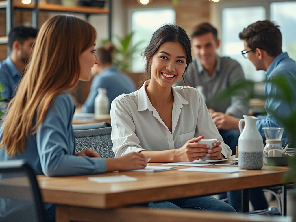 Personas conversando y sonriendo en una cafetería moderna mientras toman café, con fondo de madera y plantas. Personas conversando y sonriendo en una cafetería moderna mientras toman café, con fondo de madera y plantas.