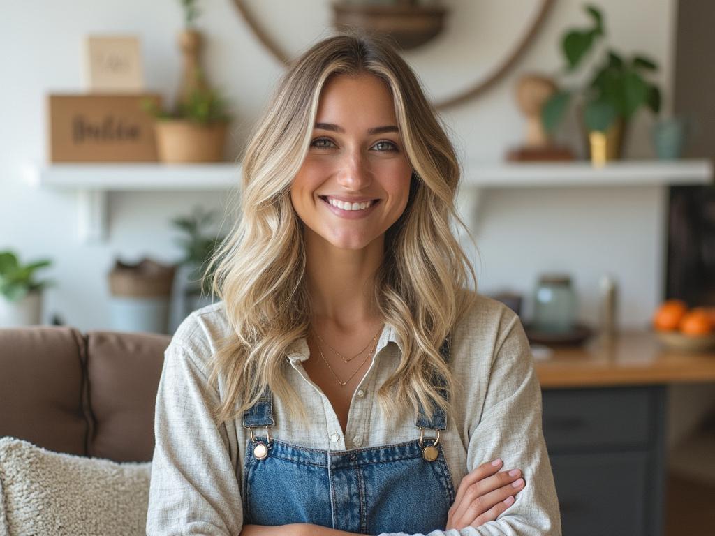 Smiling woman with blonde hair wearing denim overalls in a cozy, plant-decorated living room.