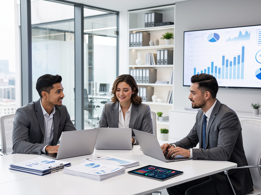 Equipo de negocios analizando gráficos financieros en una oficina moderna con laptops y pantalla de datos