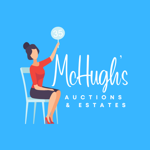 Illustration of a woman in red holding a paddle with number 35, next to text 'McHugh's Auctions & Estates' on blue background.