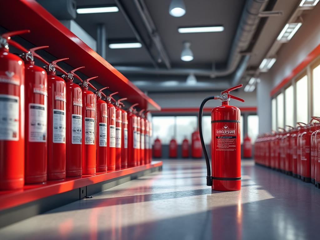 Extintores rojos alineados en una sala bien iluminada con uno en primer plano.