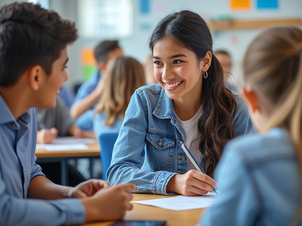 Estudiantes trabajando en grupo en un aula, adolescente sonriente con lápiz en mano.