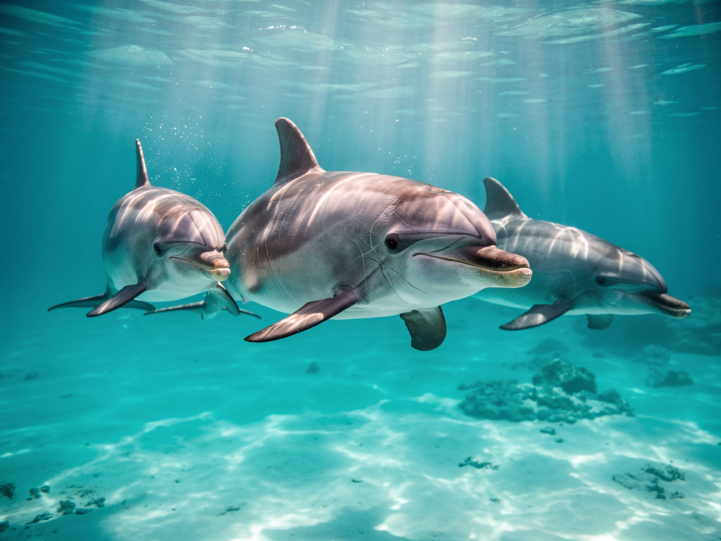Tres delfines nadando bajo el agua en mar turquesa con rayos de sol y arrecife coralino