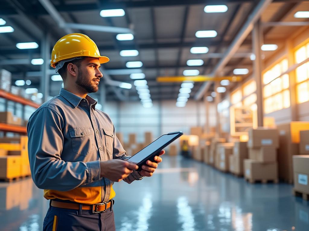 Hombre con casco amarillo revisando inventario con tableta en un almacén iluminado con cajas apiladas. Hombre con casco amarillo revisando inventario con tableta en un almacén iluminado con cajas apiladas.