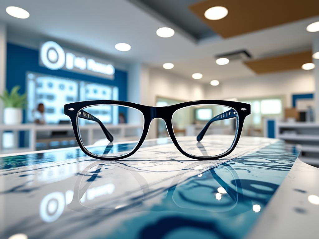Gafas negras modernas sobre una mesa con fondo de óptica desenfocado. Gafas negras modernas sobre una mesa con fondo de óptica desenfocado.