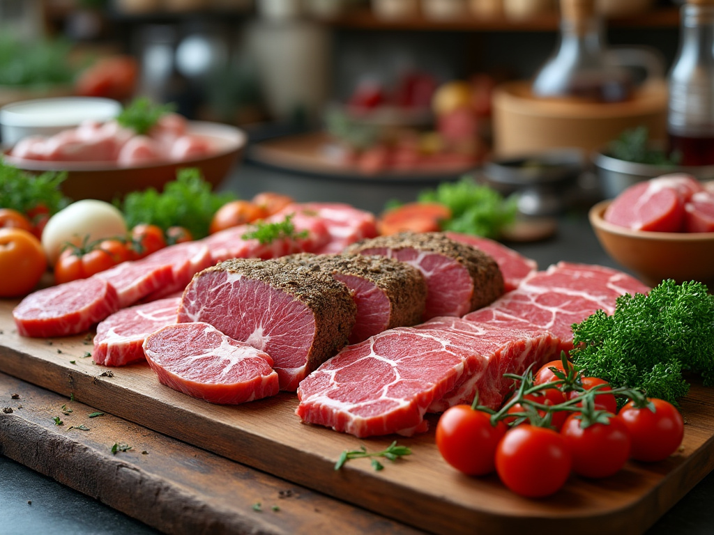 Varias porciones de carne cruda de res sobre una tabla de madera, acompañadas de tomates cherry y hierbas frescas.