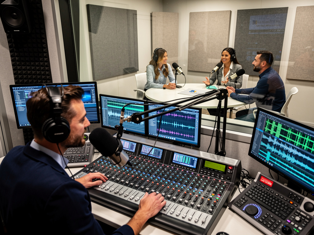Estudio de podcast profesional con locutor, invitados, micrófonos y consola de audio