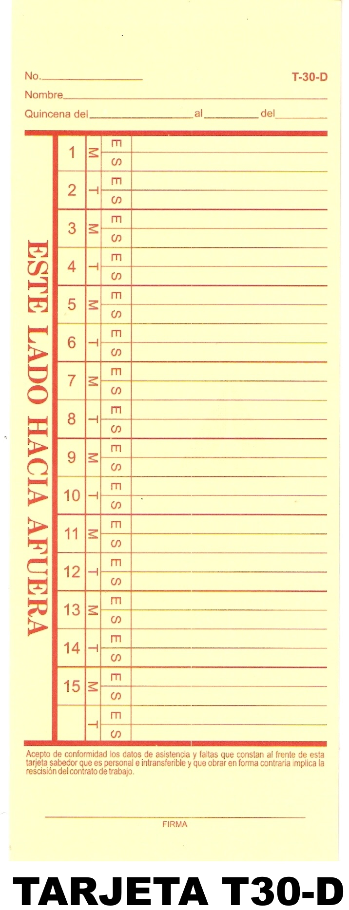 Tarjeta mensual blanca para relojes de impresión horizontal. Una quincena en cada lado de la tarjeta