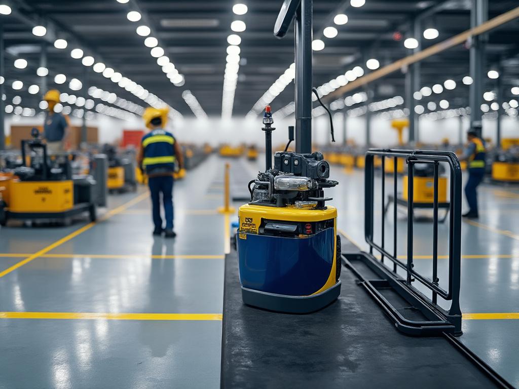 Automated guided vehicle in a brightly lit warehouse, with workers and equipment in the background.