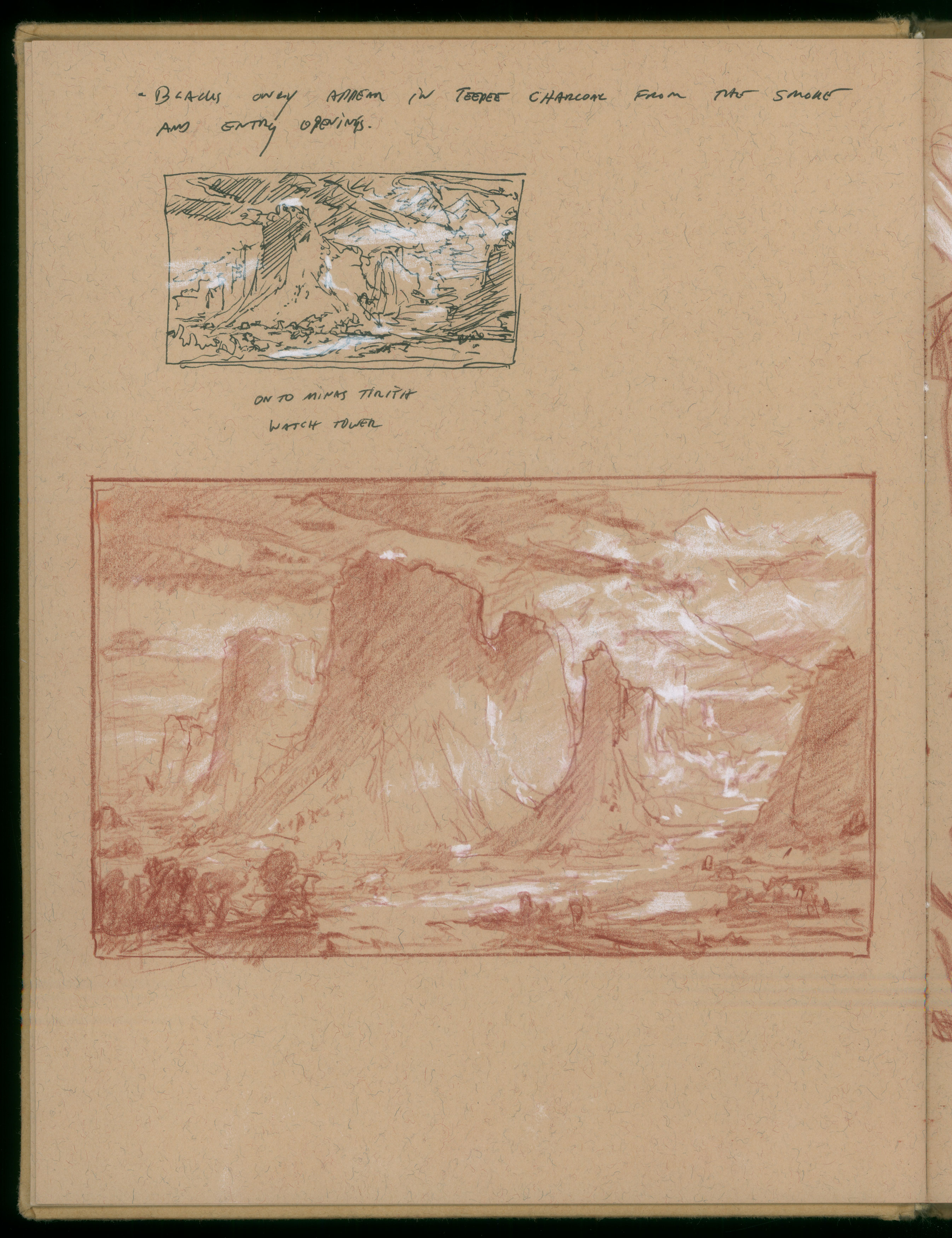 
Initial abstract and rough drawing after a visit to the Metropolitan Museum and taking in works by Bierstadt, Church, and Moran. 11″ x 8.5″, Ink, Watercolor Pencil and Chalk on Toned Paper, 2021