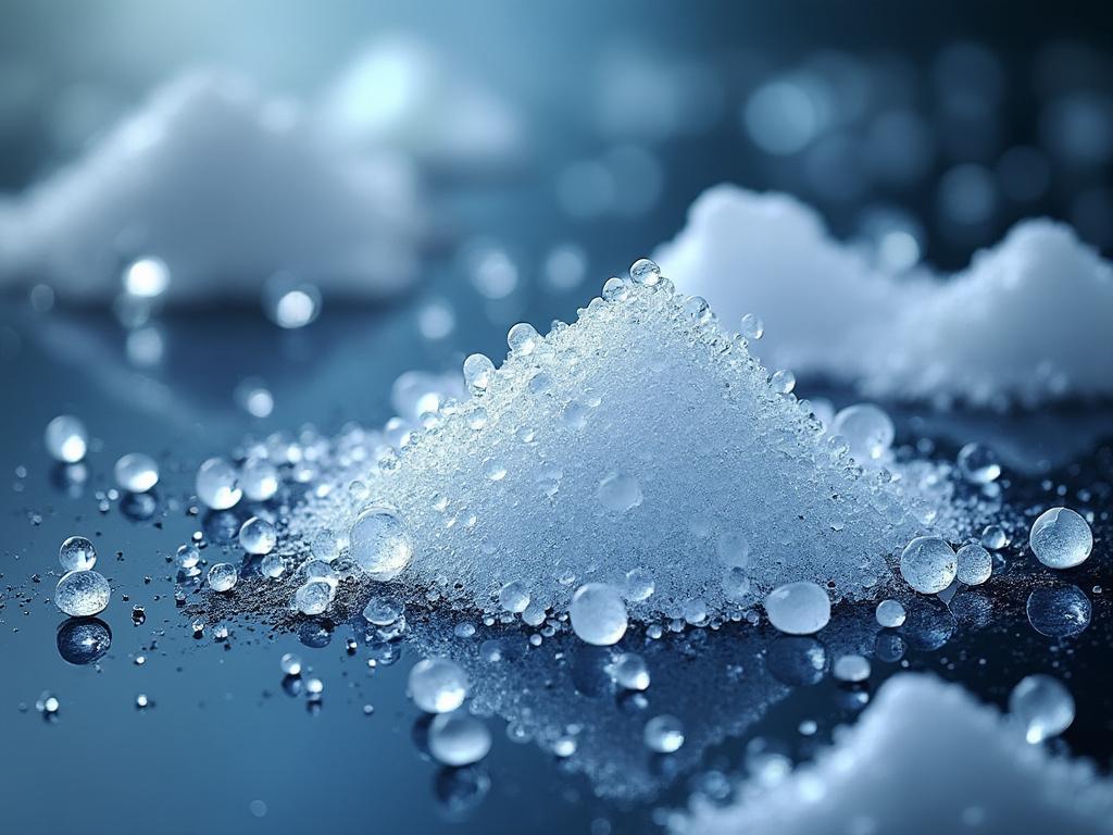 Montaña de cristales de sal con gotas de agua en superficie azul brillante