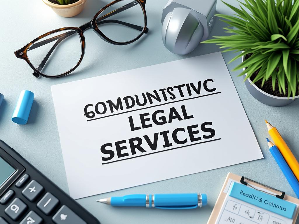 Escritorio con gafas, calculadora y tarjeta de servicios legales junto a planta.