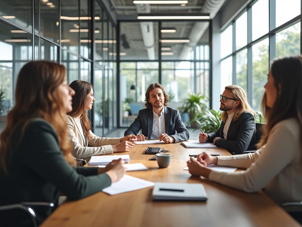 Reunión de negocios en sala de conferencias moderna con cinco personas discutiendo alrededor de una mesa de madera.