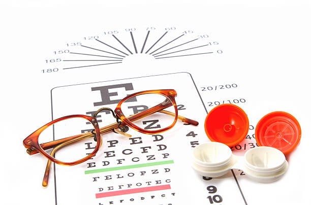 Gafas, estuche de lentes de contacto y tabla optométrica para examen de la vista