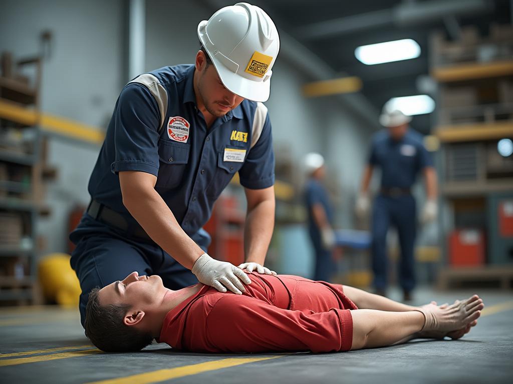 Emergency first responder performing CPR on unconscious person in industrial setting, with colleagues in background.