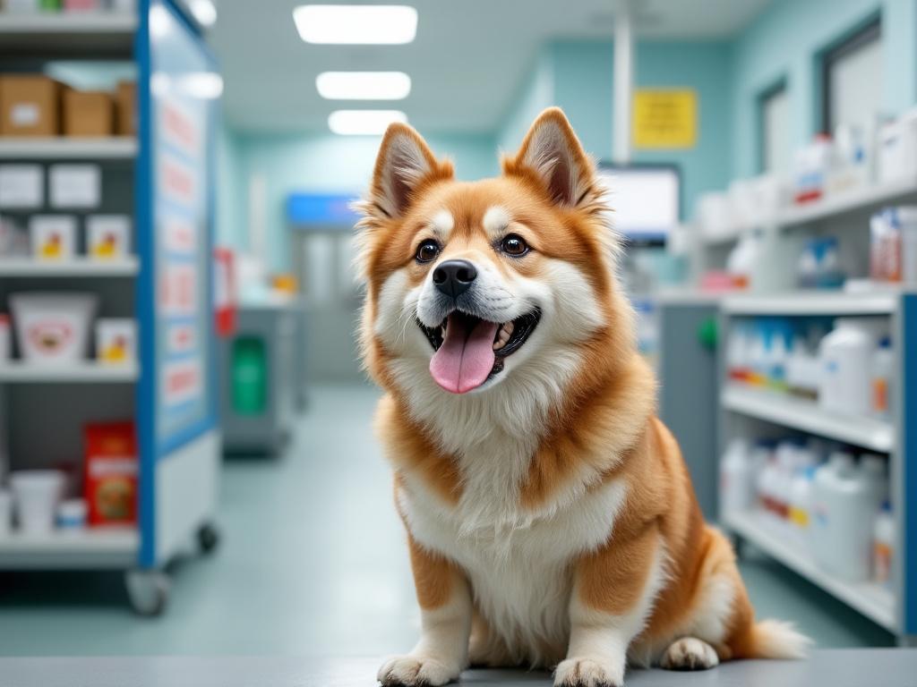 Perro feliz sentado en una clínica veterinaria, rodeado de estantes con suministros médicos.